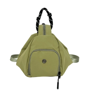Olive green nylon triangle backpack with multi-functional straps and woven top handle