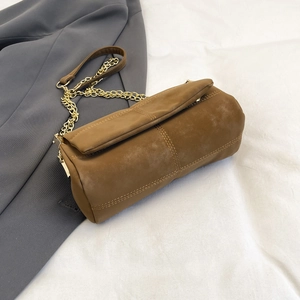 Brown suede chain shoulder bag with double stitching and golden metal strap for women