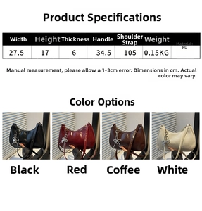 Detailed size chart for the PU shoulder bag with bow charm showing all dimensions