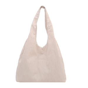 Grand sac cabas en velours côtelé blanc cassé à rayures verticales et étiquette mode