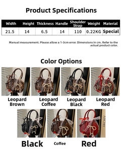 Detailed size chart and multi-color options for shell shoulder bag with pearl bow