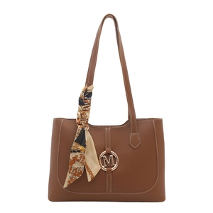 Brown faux leather tote bag with gold M-logo and decorative silk scarf detail