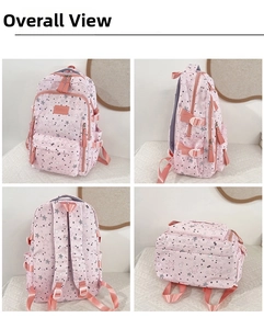 Pink student backpack with star patterns showing front, side, and breathable back mesh panels