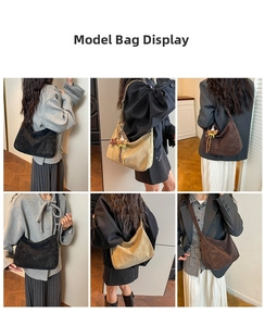 Collage of large matte leather tote bags in black, khaki, and brown shown on a model