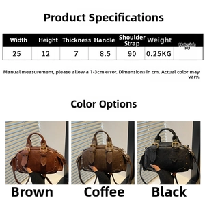 Size chart showing 25x12x7cm dimensions for the vintage PU leather bowling bag detail