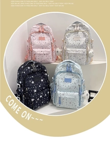 Detail showing school backpacks in four colors with star patterns and plush charm