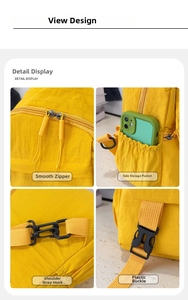 Detail view of the yellow backpack showing zippers, elastic side pockets, and durable buckles
