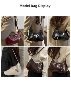 Detailed views of glossy hobo underarm bags in four colors with pearl bow charms