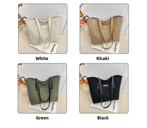Four colors of corduroy tote bags with logo patches shown in a collage layout