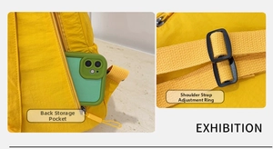 Detail of waterproof nylon backpack showing back zipper pocket and adjustable strap