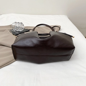 Retro coffee brown large capacity PU leather tote bag with drawstring and golden metal detail