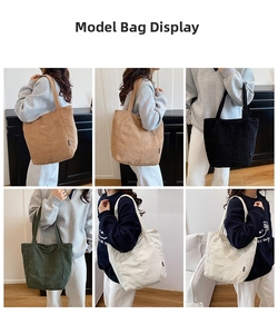 Vue détaillée en grille montrant des sacs cabas en velours côtelé marron, noir, vert et beige