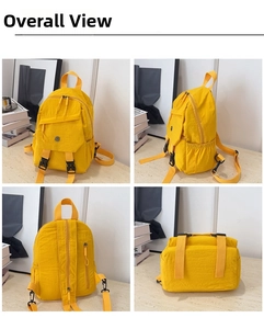 Detailed multi-angle view of a yellow waterproof backpack showing main pocket and side mesh