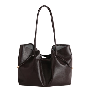 Minimalist coffee brown pleated tote bag with drawstring detail and slim shoulder straps