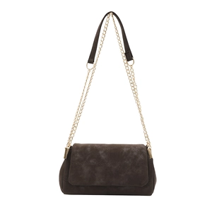 Retro dark brown faux suede shoulder bag with gold chain strap and cross stitching