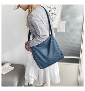 Détail d'un sac cabas en toile à carreaux bleus porté par un mannequin en studio