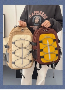 Détails de sacs à dos outdoor avec cordons élastiques et poches latérales en filet bicolores