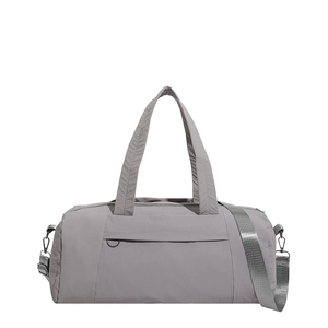 Gray nylon Boston bag with top handles and adjustable shoulder strap for travel