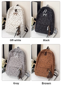 Cord-Rucksack in Cremeweiß, Schwarz, Grau und Braun mit floralen Mustern und Schleifen
