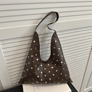 Women PU Leather Hobo Bag With Metal Rivets Large Capacity Asymmetrical Triangle Shoulder Tote Streetwear Style
