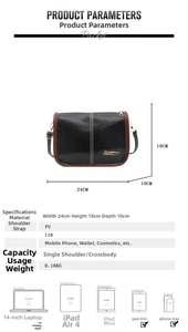 Detailed view of black PU leather crossbody bag dimensions and internal capacity details