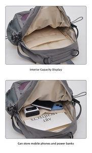 Vue intérieure du grand compartiment principal et des poches de rangement du sac à dos gris