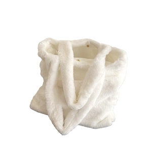 White plush faux fur tote bag with magnetic closure and soft fluffy texture for women