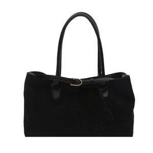 Minimalist black suede tote bag with golden D-ring buckle and slim shoulder handles