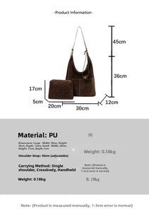Size chart showing large tote and small pouch dimensions in vintage dark brown PU leather