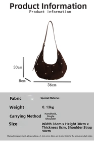 Tabella taglie per borsa a mezzaluna in velluto con dimensioni 36cm x 30cm e dettagli rivetti