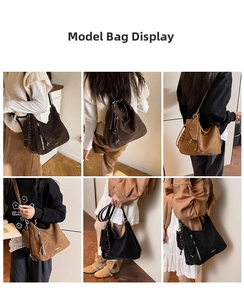 Detail shots showing retro matte tote bags in black, coffee, and dark brown finishes