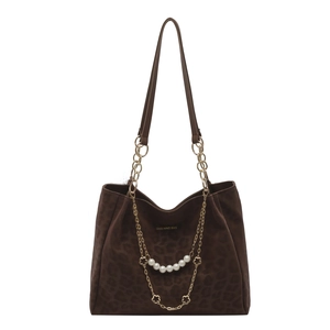 Large capacity leopard print tote bag in dark brown with floral gold and pearl chains