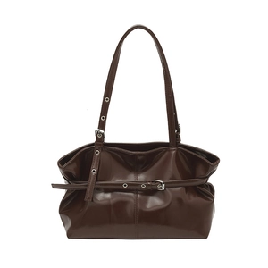 Dark brown glossy large capacity tote bag with adjustable shoulder straps and silver buckles