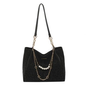 Leopard print black tote bag with gold chain strap and decorative pearl flower charm