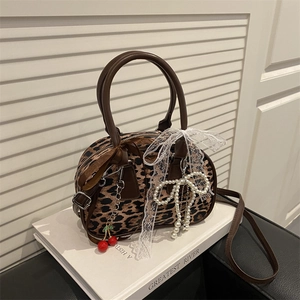 Leopard Print Shoulder Bag PU Leather Retro Bow Handbag With Cherry Artificial Pearl Pendant Lace Decoration For Women