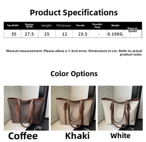Size chart and dimensions for the patterned tote bag with three color options displayed