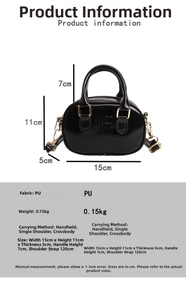 Detailed size guide for black PU leather mini handbag showing 15x11x5cm dimensions