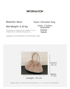Detailed size guide and capacity chart for the faux fur shoulder tote bag