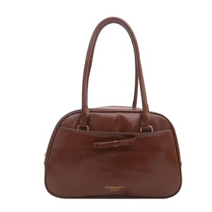 Borsa a spalla retrò marrone in pelle lucida con fiocco decorativo e scritte dorate fini