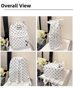 Detailed four-view of white star pattern canvas backpack with cute cat ears design
