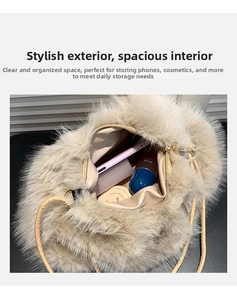Internal view of plush beige tote bag showing large capacity with phone and cosmetics