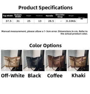 Detailed size chart and multi-color specifications for the large PU leather tote bag