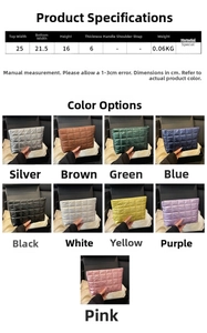 Detailed size chart and multi-color options for the quilted ruched puffer handbag