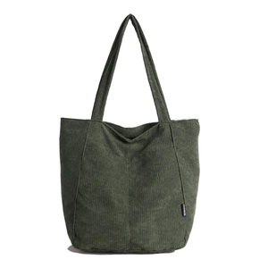Olive green corduroy tote bag with spacious interior and FASHION side label detail