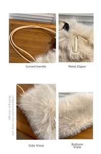 Detail view of plush tote bag featuring curved leather handles and gold-tone metal zipper