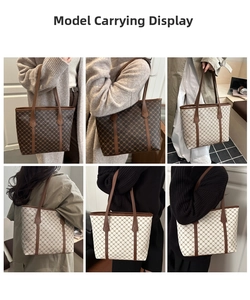 Collage of model carrying vintage monogram tote bags in dark brown and creamy white colors