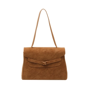 Retro brown suede minimalist handbag with gold metal twist lock and shoulder strap