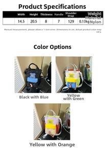 Detailed size chart for nylon water bottle bag showing dimensions and three color options