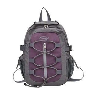 Grand sac à dos de randonnée violet et gris avec élastique en X et poches latérales