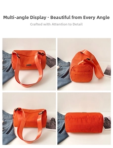 Vues détaillées du sac boston en nylon à carreaux orange avec bandoulière large